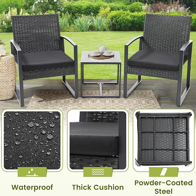 3 Piece Wicker Patio Bistro Set, Rattan Conversation Set with Coffee Table, for Balcony, Porch, Garden, Yard, Poolside, Black Frame with Black Cushion