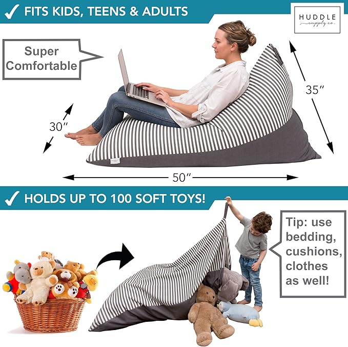 HUDDLE Original Stuffed Animal Bean Bag Storage Large Designer Beanbag Chairs for Kids Teens & Adults | Instant Clutter Clear for Stylish Moms - Stuffed Animal Storage Bean Bag Chair Grey Stripe