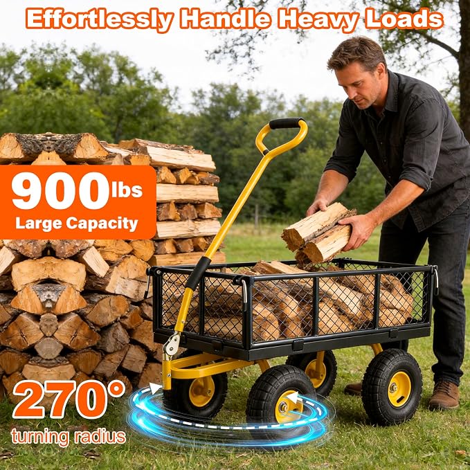 900lbs Heavy Duty Garden Cart, Steel Garden Wagon Cart with Fixedable Rotating Handle for Backyard, Utility Yard Wagon with 10" All Terrain Tires, Mesh Removable Sides