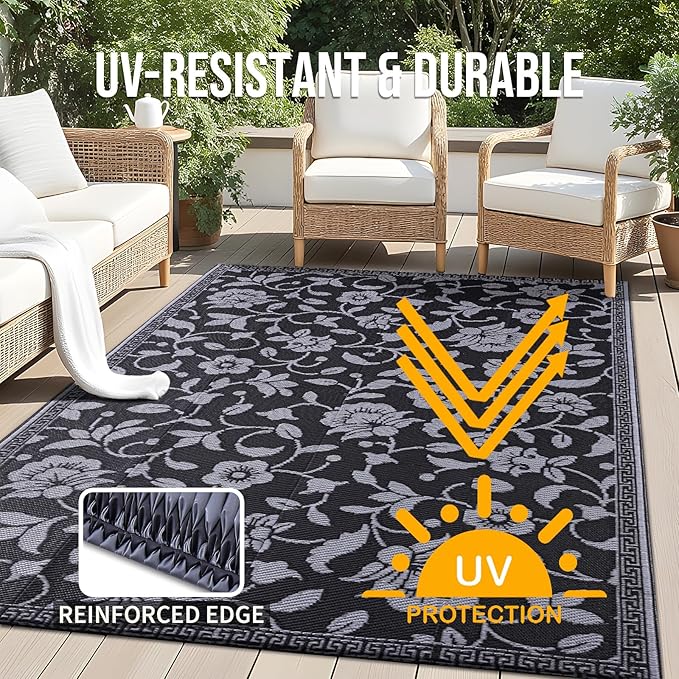 OLANLY Waterproof Outdoor Rug 5x8 ft, Outdoor Plastic Straw Rug with Flower Pattern, Reversible RV Mat for Patio, Camping, Balcony, Deck, Backyard, Black & Grey
