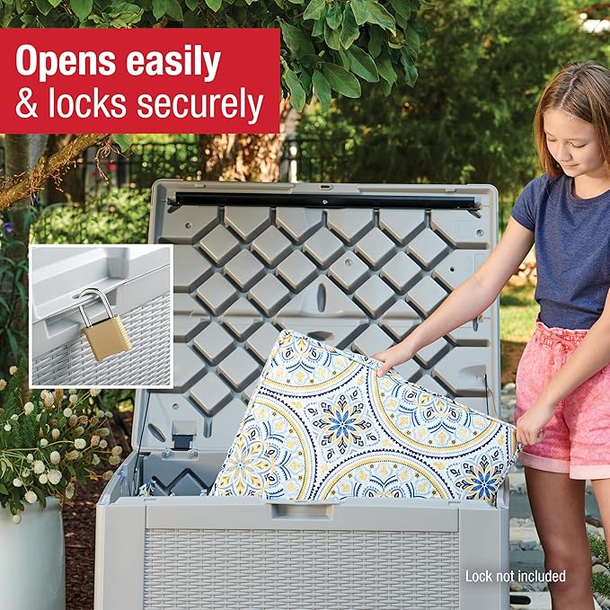Rubbermaid Medium Resin Outdoor Storage Deck Box (74 Gal) Weather Resistant Gray Deck Organization for Home/Backyard/Pool Chemicals/Toys/Garden Tools/Porch/Patio Cushions
