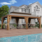 12' X 22' Hardtop Gazebo Outdoor Aluminum Patio Gazebo Double Roof Galvanized Steel Canopy Wooden Finish Coated with Netting and Curtains for Garden, Backyard, Deck and Lawns