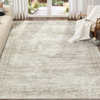 Washable Area Rugs for Living Room -7x9 Neutral Vintage Distressed Floral Farmhouse Boho Large Soft Floor Rug Indoor Non Slip Carpet for Living Room Bedroom Dining Room Office-Beige