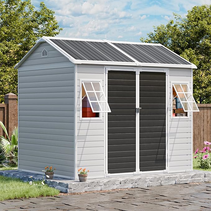 CDCASA 8x6 FT Resin Storage Sheds with Floor, Waterproof Large Outdoor Sheds and Adjustable Openable Windows,Outside Plastic Tool Shed for Backyard Garden Patio Lawn
