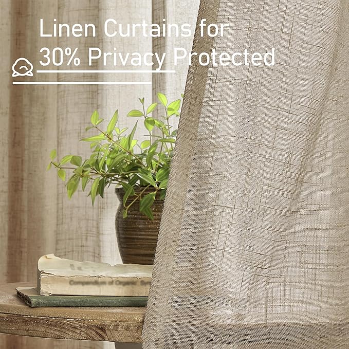LAMIT Linen Curtains 63 Inch Length 2 Panels for Bedroom, Semi Sheer Drapes Light Filtering Neutral Window Treatments with Bronze Grommet for Living Room Rustic Country Decor, Taupe, 52 X 63 Inch