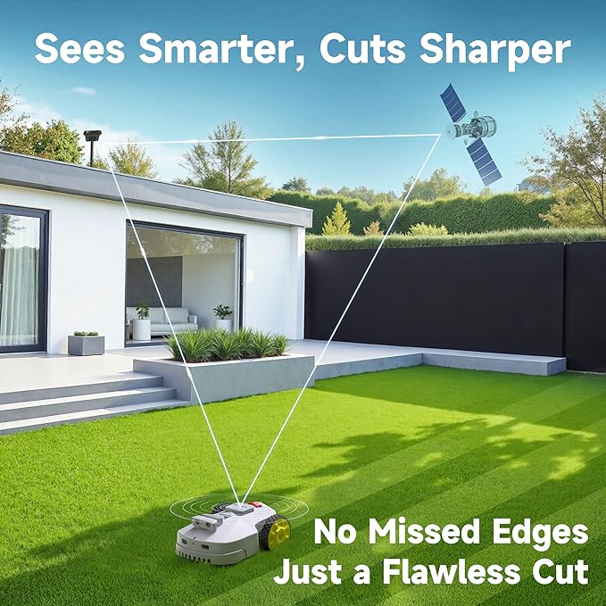 Robot Lawn Mower — 1.5 Acre Ultra Quiet Self Charging Robot Mower, Up to 4 inches Cutting Height, Robotic Lawn Mowers with RTK+4 Eye Vision, Mapping and Anti Theft tech, APP Control