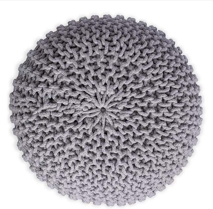 BIRDROCK HOME Round Pouf Ottoman | Cotton Braided Foot Stool with Bean Bag Filling | Boho Foot Rest for Living Room & Bedroom | Compact & Comfortable Seating, Lightweight & Soft | Light Grey