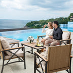 YITAHOME 4-Piece Patio Wicker Furniture Set with Wood Armrest, All Weather Rattan Conversation Furniture Sets for Backyard, Balcony, Deck w/Soft Cushions and Plastic Wood Table (Light Brown+Beige)