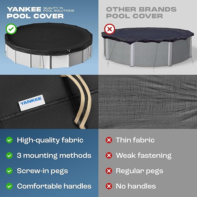 Yankee Diamond Series Pool Covers for Above Ground Pools | All-Weather, Windproof, Light 12ft Round Pool Cover w/ 4 Screw-In Pegs, 4 Ropes | 3 Mounting Methods, Strong Fastenings for Triple Protection