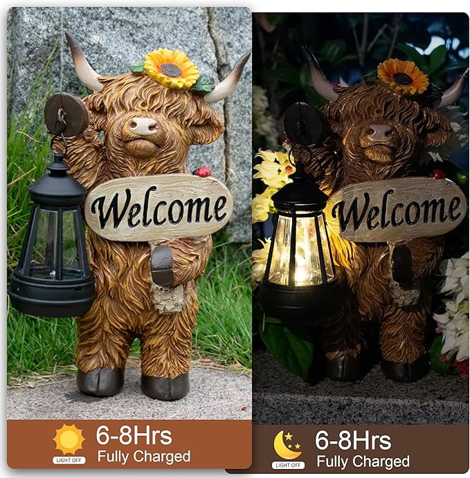 Solar Highland Cow Outdoor Statue with Latern for Garden, Outside Yard Lawn Decor Highland Cow Figurine Porch Patio Balcony Home, Birthday Gifts for Mom Women