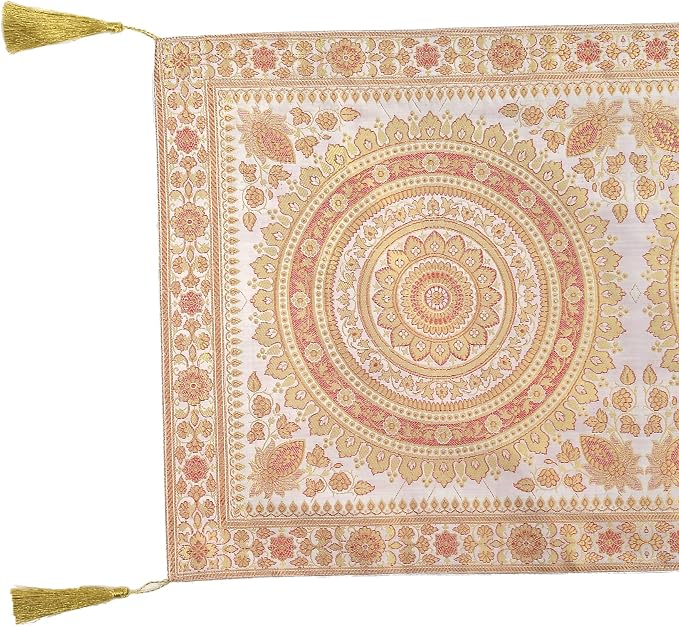 Indian Handmade Indian Traditional Table Runner Ethnic Kitchen Table Cloth for Wedding Bridal Birthday Party Diwali Decorations - Mandala Design - White