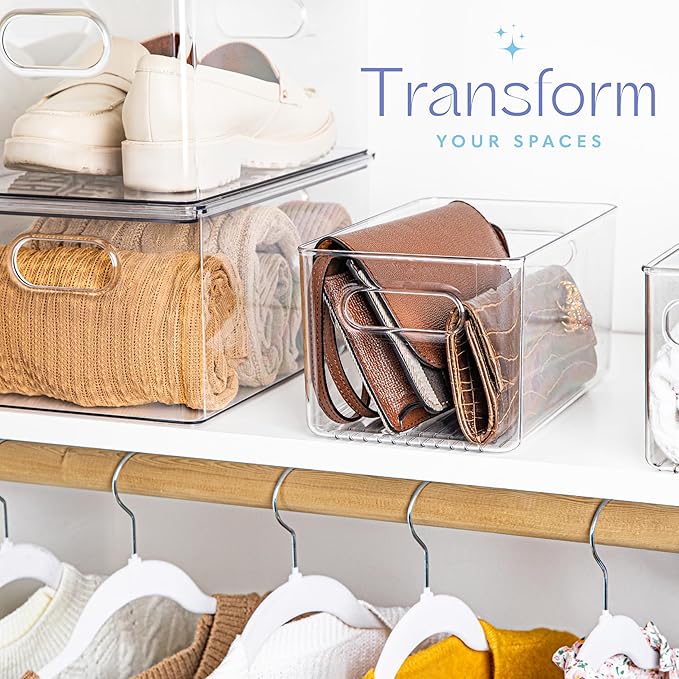 Plastic Food Storage 6 Pack Clear Container Bin with Handles for Organizing Kitchen, Pantry, Fridge, Freezer, Pantry,Bathroom. 10"x6"x5"
