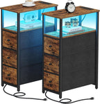 TUTOTAK Narrow LED Night Stand with Charging Station, Slim End Table with Plugins, Tall Side Table with 3 Fabric Drawer, Small Bedside Table with Storage, Set of 2, for Living Room, Brown TB01BB073L