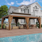 14'x22' Hardtop Gazebo, Outdoor Aluminum Galvanized Steel Wooden Finish Coated Double Roof Canopy with Netting and Curtains for Garden Patio, Backyard, Deck and Lawns.