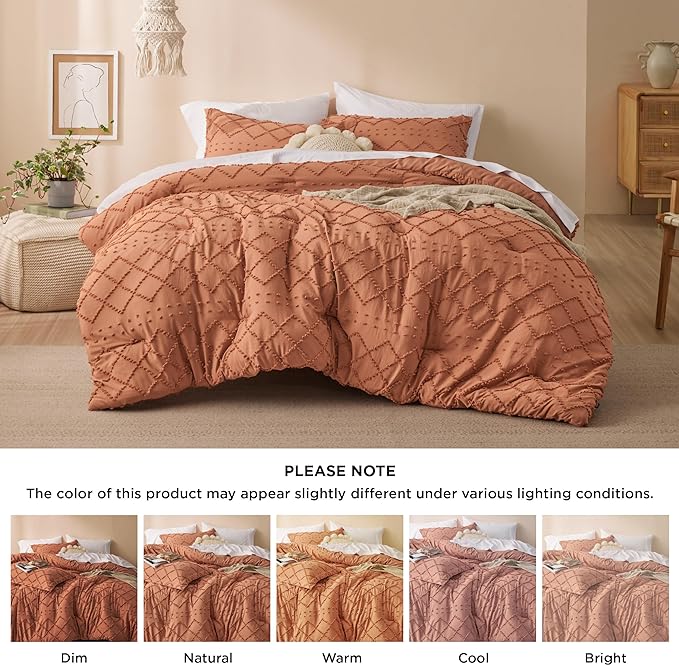 Bedsure Queen Comforter Set - Pumpkin Comforter, Boho Tufted Shabby Chic Bedding Comforter Set, 3 Pieces Vintage Farmhouse Bed Set for All Seasons, Fluffy Soft Bedding Set with 2 Pillow Shams