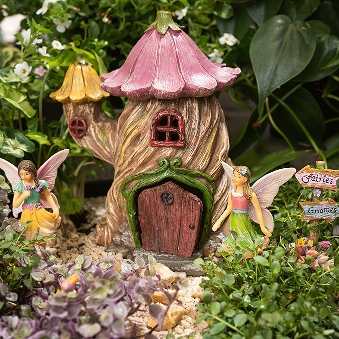 PRETMANNS Fairy House Kit - Fairy Garden Accessories for Outdoor Miniature Village Decor, with Fairies & Sign - House, 7 ‘ High & Door can Open Wide - 4 Piece Supplies