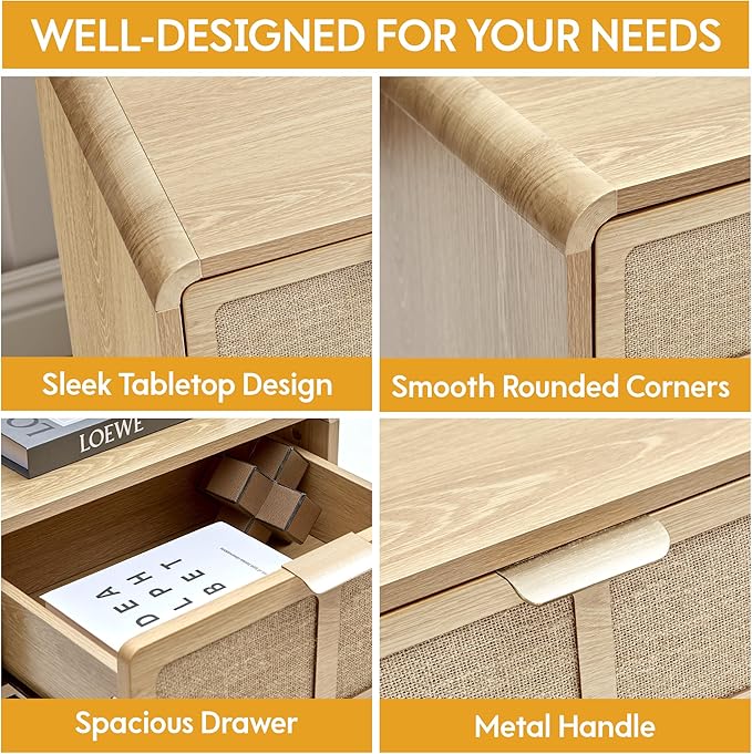 LEVNARY Nightstand Set of 2, Mid-Century Modern Bedside Table with Charging Station and Fabric-Like Textured Drawer, Wooden End Table for Farmhouse Bedroom Living Room (2, Natural)