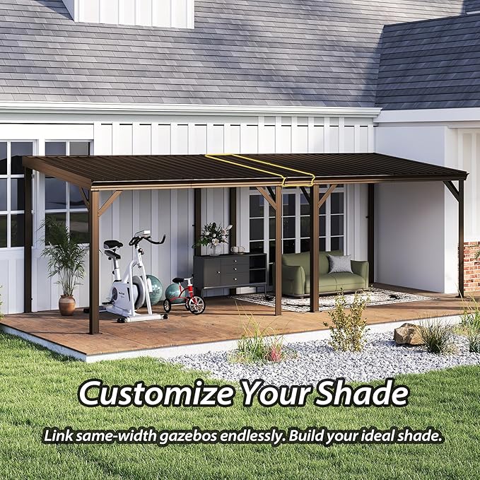 Domi 10'x14' Hardtop Wall Mounted Gazebo, Expandable Lean to Gazebo Pergola with Gutters & Galvanized Steel Roof, 60MPH Wind Resistance Outdoor Heavy Duty Canopy Sun Shade for Patio, Backyard - Brown