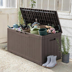 Greesum 100 Gallon Resin Patio Storage Box for Garden Tools, Outdoor Furniture Cushions, Pool Supplies, Dark Brown