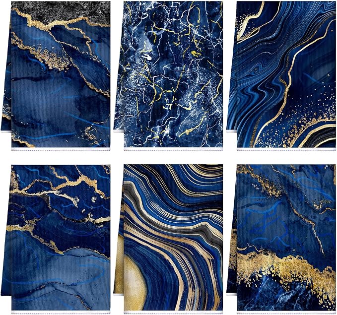 Boyiee 6 Pcs Marble Hand Towels Blue and Gold Towels Navy Blue Kitchen Towel Modern Gifts Absorbent Soft Decorative Dish Cloths Tea Towel Set Kitchen Decor Ocean Gift for Holiday Farmhouse Bathroom