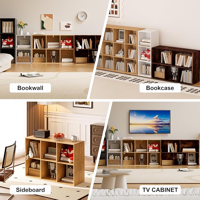 Book Shelf, Wooden Cube Storage Organizer with 11" Open Cubes, Stackable Modular Bookcase for Room Divider Storage, 2 Tier Bookshelf for Living Room, Bedroom, Office (White, 4-Cube)