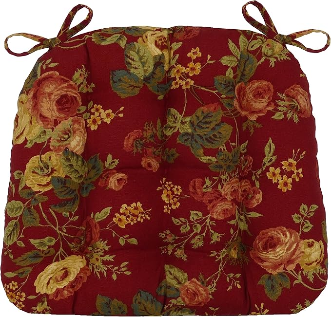 Barnett Home Decor Dining Chair Pad with Ties Bethany Red Floral - Size Small 15 x 17 Chair Cushion - Latex Foam Fill - Tufted Seat Cushion