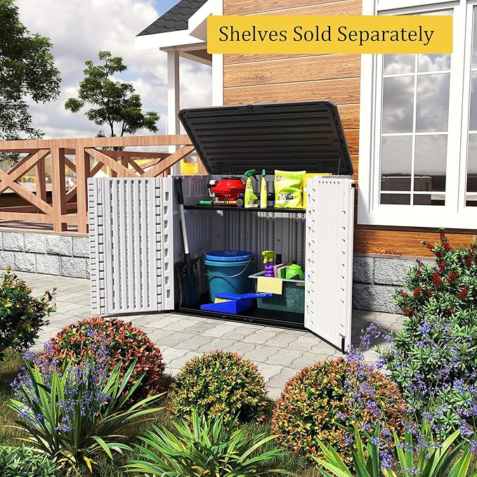 HOMSPARK Storage Shed Weather Resistance, Multi-Purpose Outdoor Storage Cabinet Waterproof, Outdoor Storage Cabinet for Bike, Garbage Cans, Lawnmower, Garden Accessories (off white, Standard-26 cu ft)