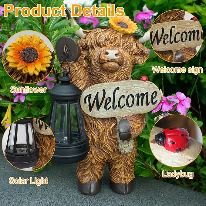 Solar Highland Cow Outdoor Statue with Latern for Garden, Outside Yard Lawn Decor Highland Cow Figurine Porch Patio Balcony Home, Birthday Gifts for Mom Women
