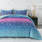 Litanika Galaxy Comforter Twin(66x90lnch), 3 Pieces(1 Blue Glitter Ombre Comforter, 2 Pillowcases), 3D Colorful Rainbow Bedding Set, Microfiber Comforter Set for Kid Boy Girl Teen