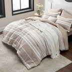 Bedsure Bed in a Bag Full Size 7 Pieces, Light Camel White Striped Bedding Comforter Sets All Season Bed Set, 2 Pillow Shams, Flat Sheet, Fitted Sheet and 2 Pillowcases