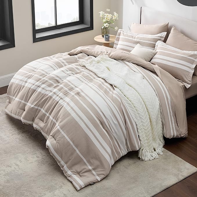 Bedsure Bed in a Bag Queen Size 7 Pieces, Light Camel White Striped Bedding Comforter Sets All Season Bed Set Khaki, 2 Pillow Shams, Flat Sheet, Fitted Sheet and 2 Pillowcases