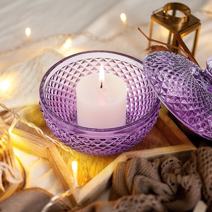 Joeyan 12 oz Small Purple Glass Jewelry Box Jars with Lid,Embossed Glass Candy Dishes,Diamond Faceted Food Container,Decorative Apothecary Canisters,Colored Kitchen Bathroom Buffet Storage Organizer