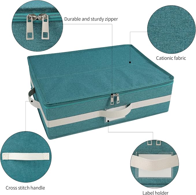 Mug Storage Box with Divider, Tea Cup and Coffee Mug Storage Container with Zipper Cover and Reinforced Handle, Hard Shell, Stackable, Foldable, 17.32 x 13.39 x 5.51 Inches (Green White, 2 Sets)