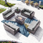 Kullavik 10 Pieces Outdoor Patio Furniture Set with 43" Gas Propane Fire Pit Table PE Wicker Rattan Sectional Sofa Patio Conversation Sets,Grey