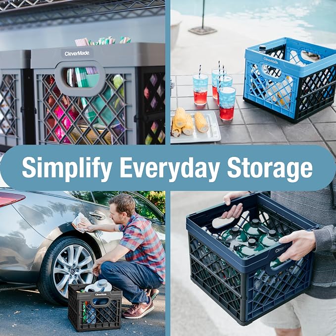 CleverMade Collapsible Milk Crates, 25L, 3 Pack, Holds 50 lb, Ocean | Organize Files, Groceries, and Gear in One Crate | Built-In Rails Hold Letter Folders, While the Frame Stacks Securely