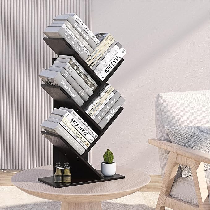 5-Shelf Tree Bookshelf Free Standing Small Book Shelf Narrow Wood Bookcase Floor Standing Book Shelf Modern Book Storage Organizer for Home Office Bedroom Living Room Black