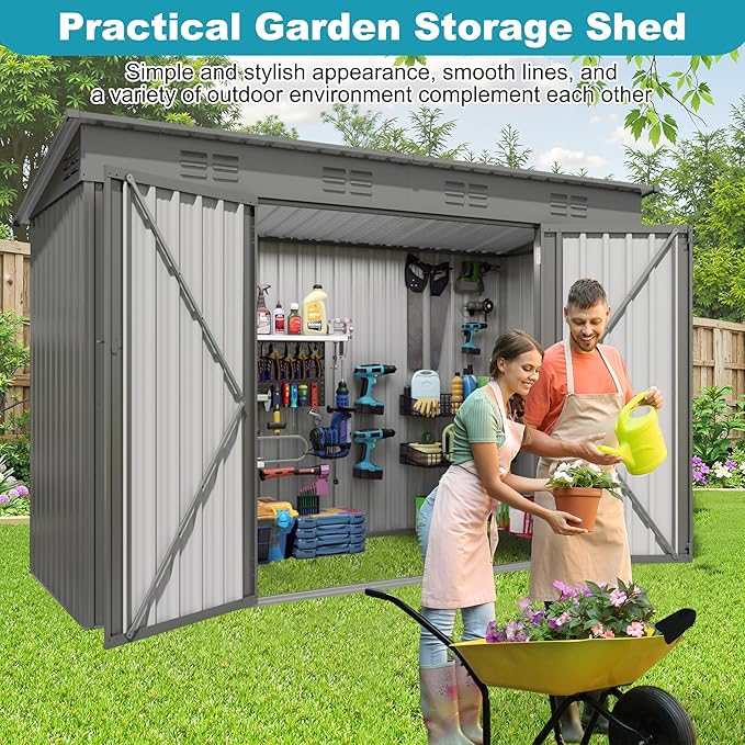 4x9 FT Outdoor Metal Storage Shed, Tool Shed with Pitched Roof and Lockable Door, Compact Garden Shed for Backyard Garden Patio Lawn, Gray