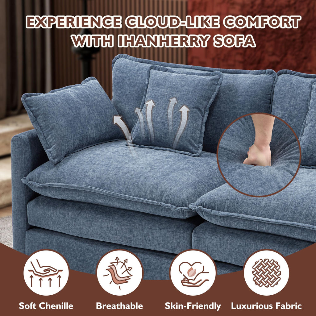 Ihanherry 111.4" L Shaped Modern Sofa Modular Sectional Cloud Couch with Ottoman, 4-Seat Chenille Deep Seat Sofa with Pillow for Living Room, Bedroom and Apartment, Beige