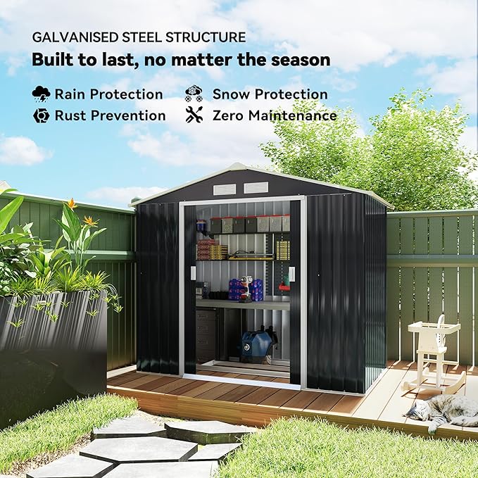 Outsunny 7' x 4' Outdoor Storage Shed, Garden Tool Metal Shed with Foundation Kit, Double Lockable Door, Air Vents and Sloping Roof, for Backyard, Patio, Lawn, Dark Gray
