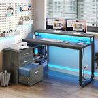 YITAHOME L Shaped Desk with Power Outlets & LED Lights & File Cabinet, 55" Corner Computer Desk with 3 Drawers and 2 Storage Shelves, Home Office Desk with Monitor Stand, Grey