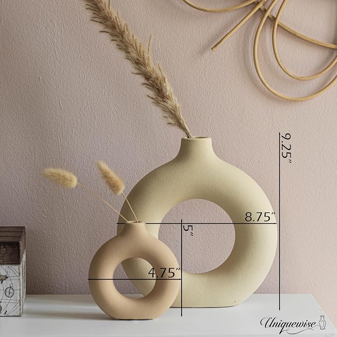 9-Inch Large and 5-Inch Small Decorative Hollow Ceramic Donut Table Vase - Handmade, Minimalist Boho Style for Modern Home Decor in Living Room, Home Office, Dining Room and Entryway Console Table