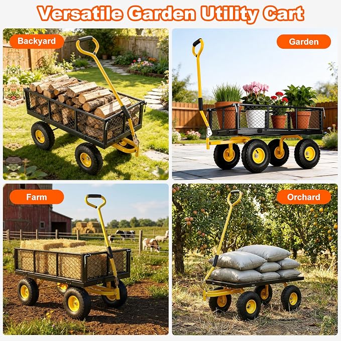 900lbs Heavy Duty Garden Cart, Steel Garden Wagon Cart with Fixedable Rotating Handle for Backyard, Utility Yard Wagon with 10" All Terrain Tires, Mesh Removable Sides