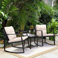 Greesum 3 Pieces Rocking Wicker Bistro Set, Patio Outdoor Furniture Conversation Sets with Porch Chairs and Glass Coffee Table, Beige