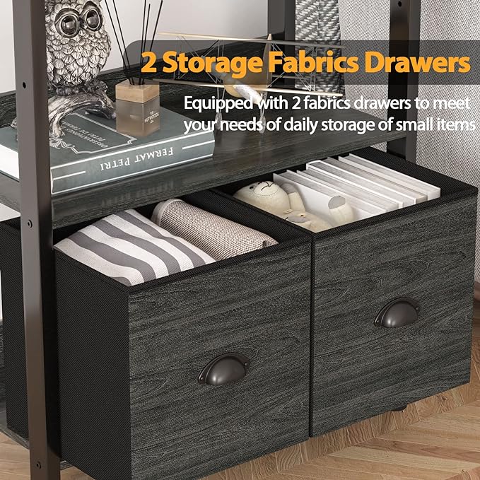 Furologee 5-Tier Bookshelf, Tall Bookcase with 2 Storage Drawers, Industrial Display Standing Shelf Units, Wood and Metal Storage Shelf for Living Room, Bedroom, Home Office, Black Oak