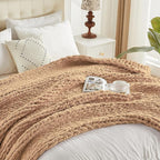 Carriediosa Chunky Knit Throw Blanket 60" X 80" Twin, 100% Hand Made Large Chenille Loop Yarn Soft Fluffy Throws for Couch Sofa Bed, Big Crochet Cozy Heavy Thick Cable Woven Blankets, Tan Brown