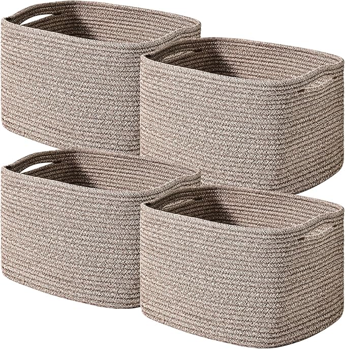 Storage Baskets for Shelves Organizing, Woven Cotton Rope Baskets for Storage, Book Basket, Decorative Shelf Basket, 12.5"Lx9.1''Wx7.9''H (4 Packs) Dark Brown