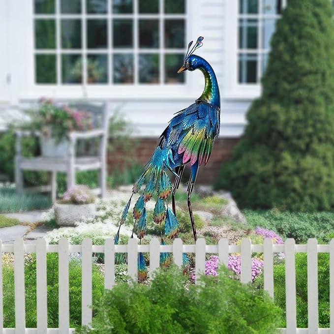 TERESA'S Collections Outdoor Decor Peacock Yard Art Garden Sculptures & Statues,Blue Small Metal Bird Lawn Ornaments,22.4" Outside Mardi Gras Decorations for Porch,Patio,Pond Decor,Gifts for Mom