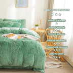FOPPA Green Plush Comforter Cover Set Queen - Ultra Soft Faux Fur Green Bedding Sets 3 Pieces (1 Fluffy Duvet Cover + 2 Shaggy Pillow case) Fluffy Bed Set (Green, Queen)