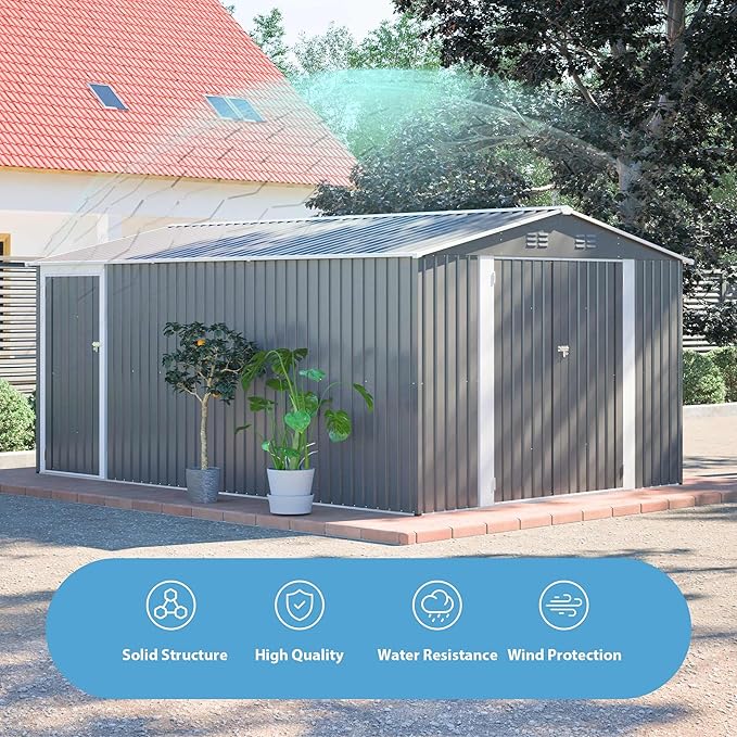 14x10 FT Outdoor Storage Shed,Metal Shed W/ 3 Lockable Doors，Floor Frame & Side Door,Garden Tool House W/ 4 Air Vents & Sloped Roof,for Backyard Patio Lawn,Light Gray