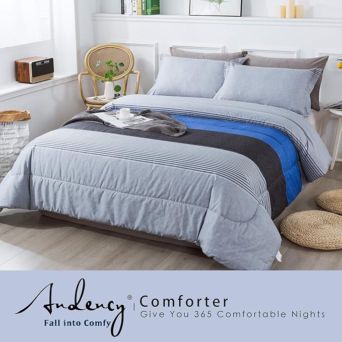 Andency Stripe Comforter Set Queen Size (90x90 Inch), 3 Pieces Gray and Blue Patchwork Striped Comforter, Soft Microfiber Down Alternative Comforter Bedding Set with Corner Loops